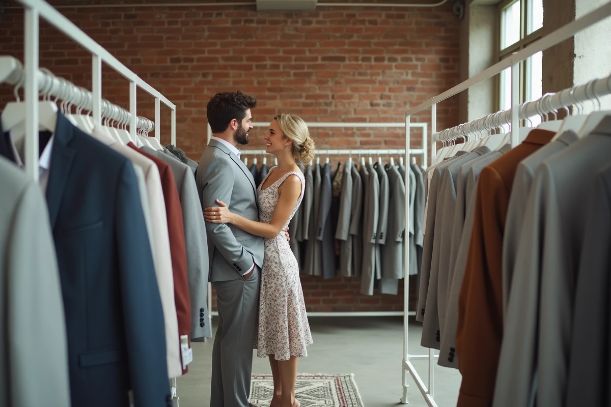 Couple choisissant des costumes de mariage modernes dans une boutique de location tendance à Paris
