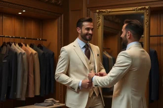 Homme essayant un costume trois pièces ivoire dans une boutique de location de costumes chic à Paris pour un mariage
