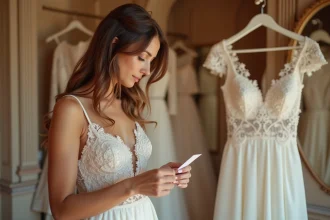 Femme essayant une robe de mariée de créateur dans une boutique de location à Strasbourg