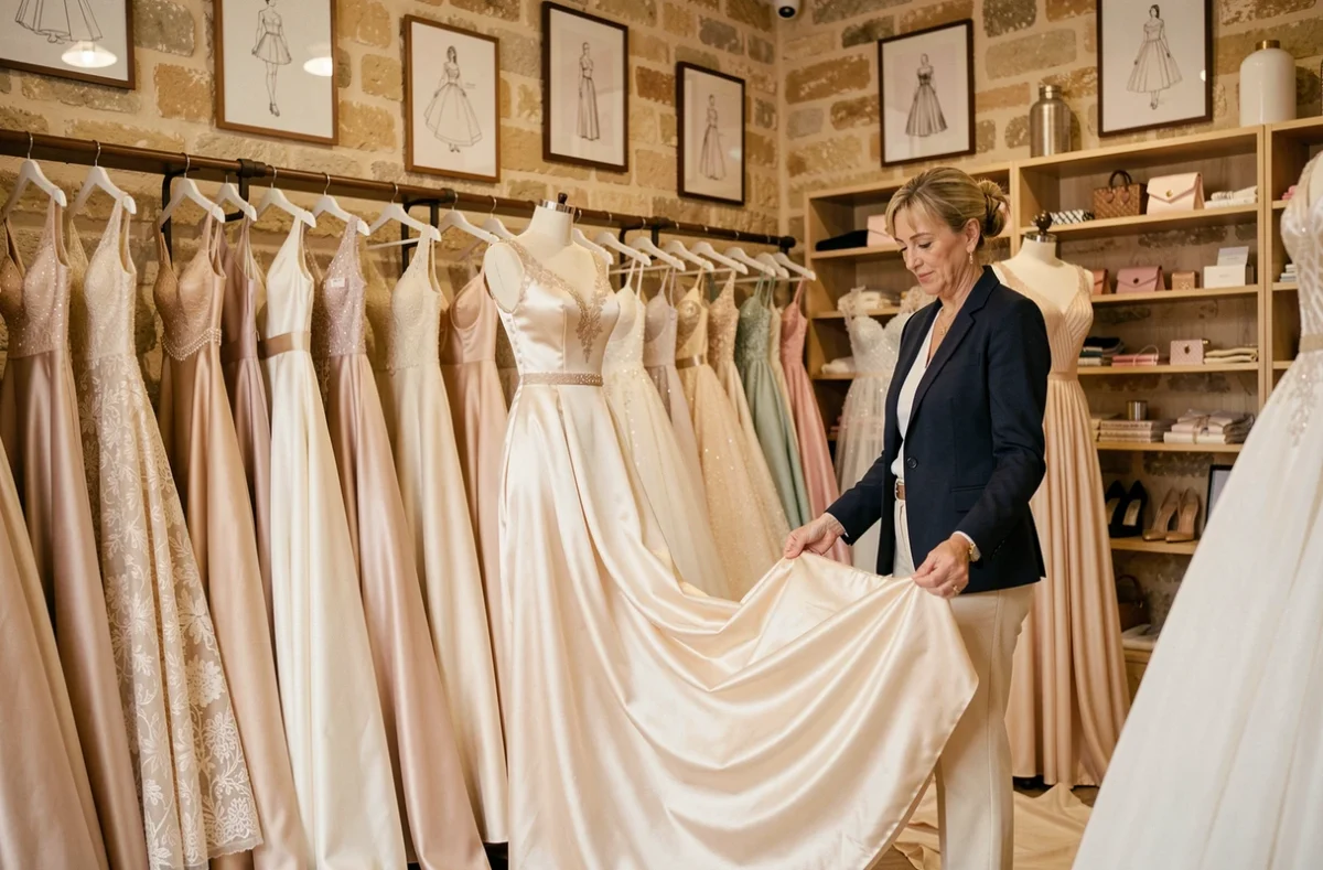 Propriétaire de la boutique Louise B Mariage à Béziers ajustant la traîne d'une robe de mariée en soie sur un mannequin