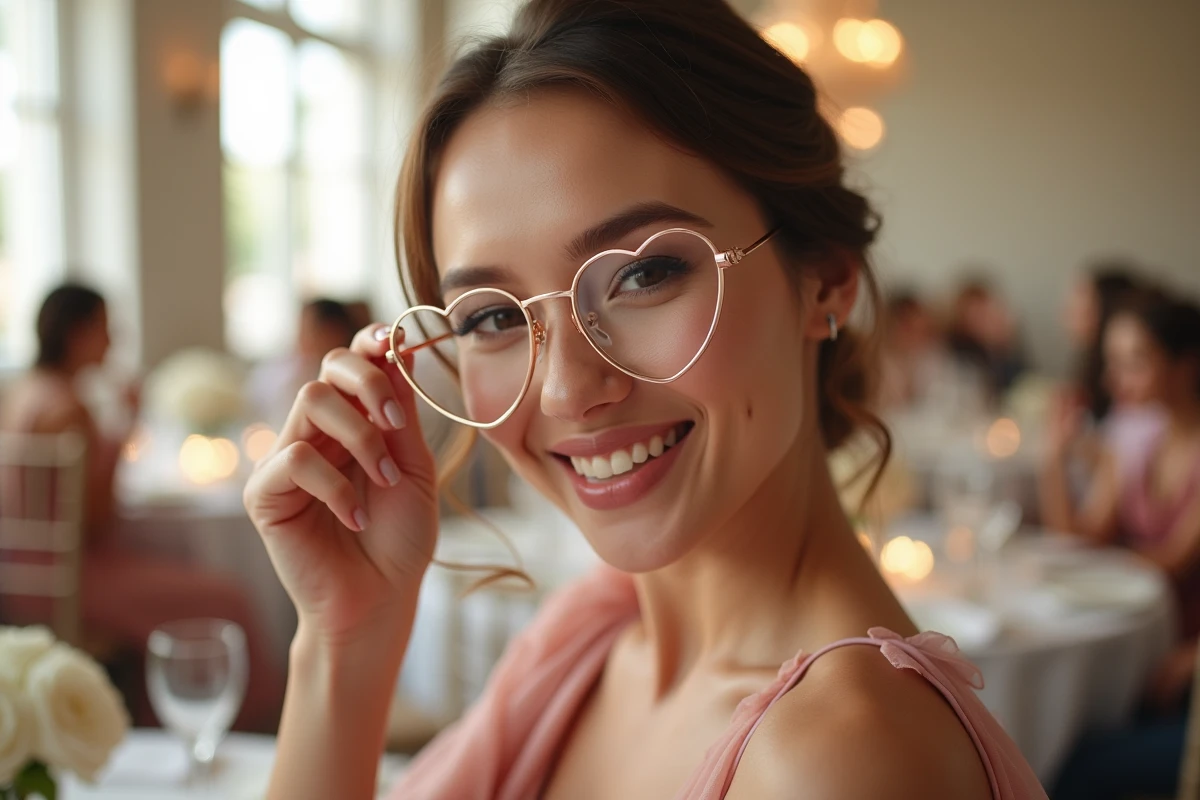 Demoiselle d'honneur tenant une lunette coeur dorée devant son œil lors d'une réception de mariage