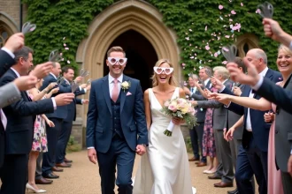 Couple de mariés sortant de l'église sous les lunettes coeur tenues par les invités avec confettis colorés