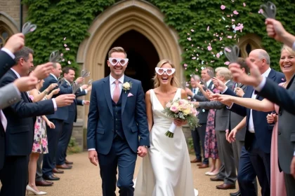 Couple de mariés sortant de l'église sous les lunettes coeur tenues par les invités avec confettis colorés