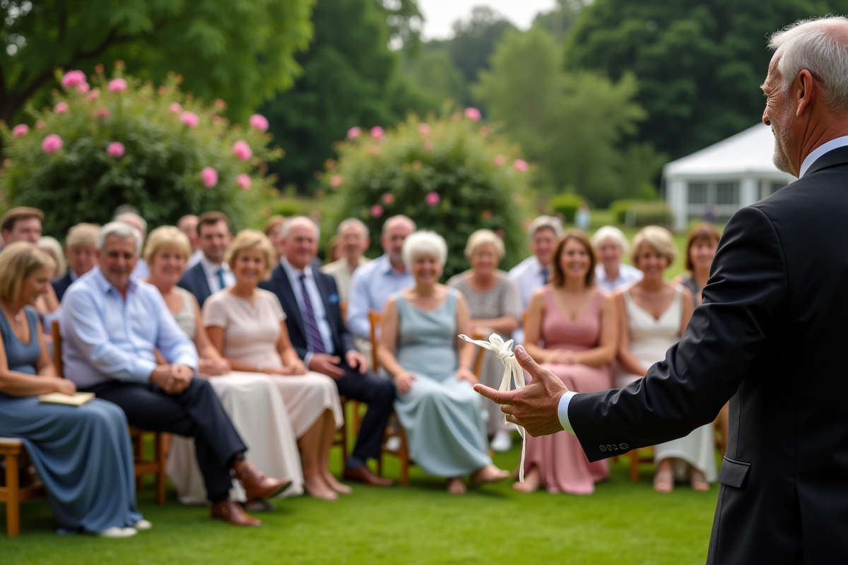 Magicien avec foulards lors d’une fête en plein air