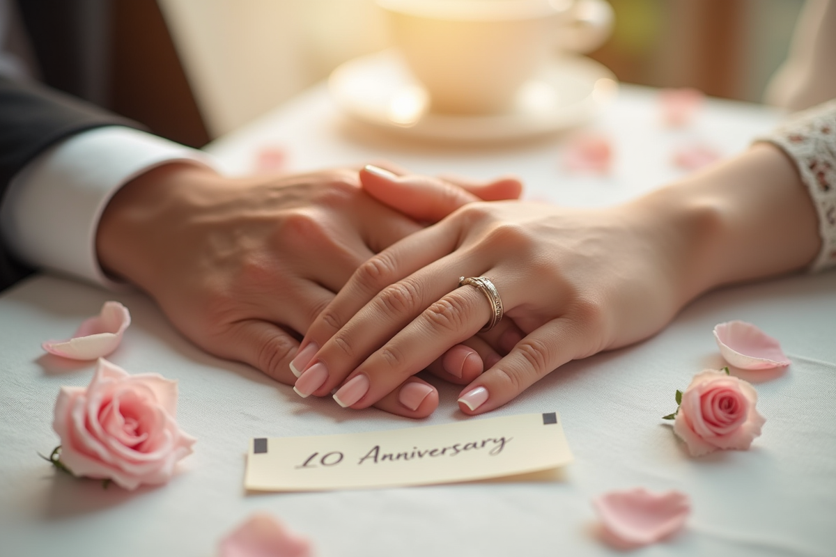 Mains entrelacees avec alliances et note d anniversaire