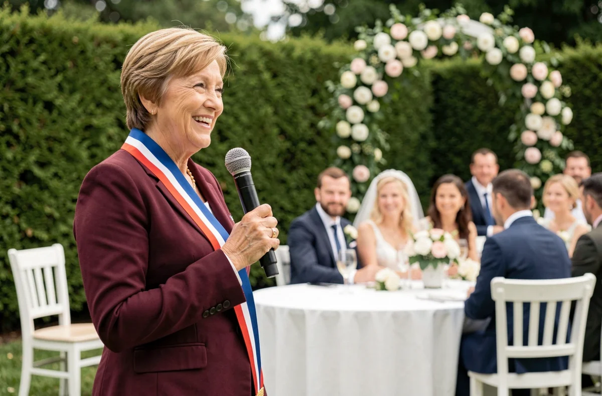 Mairesse en écharpe tricolore souriant lors d'un discours de mariage en plein air dans un jardin fleuri