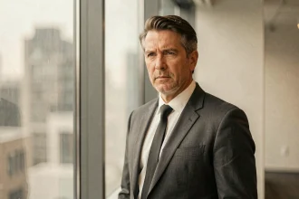 Portrait discret d'un homme en costume gris dans un bureau moderne, symbolisant la vie privée d'un conjoint de personnalité publique