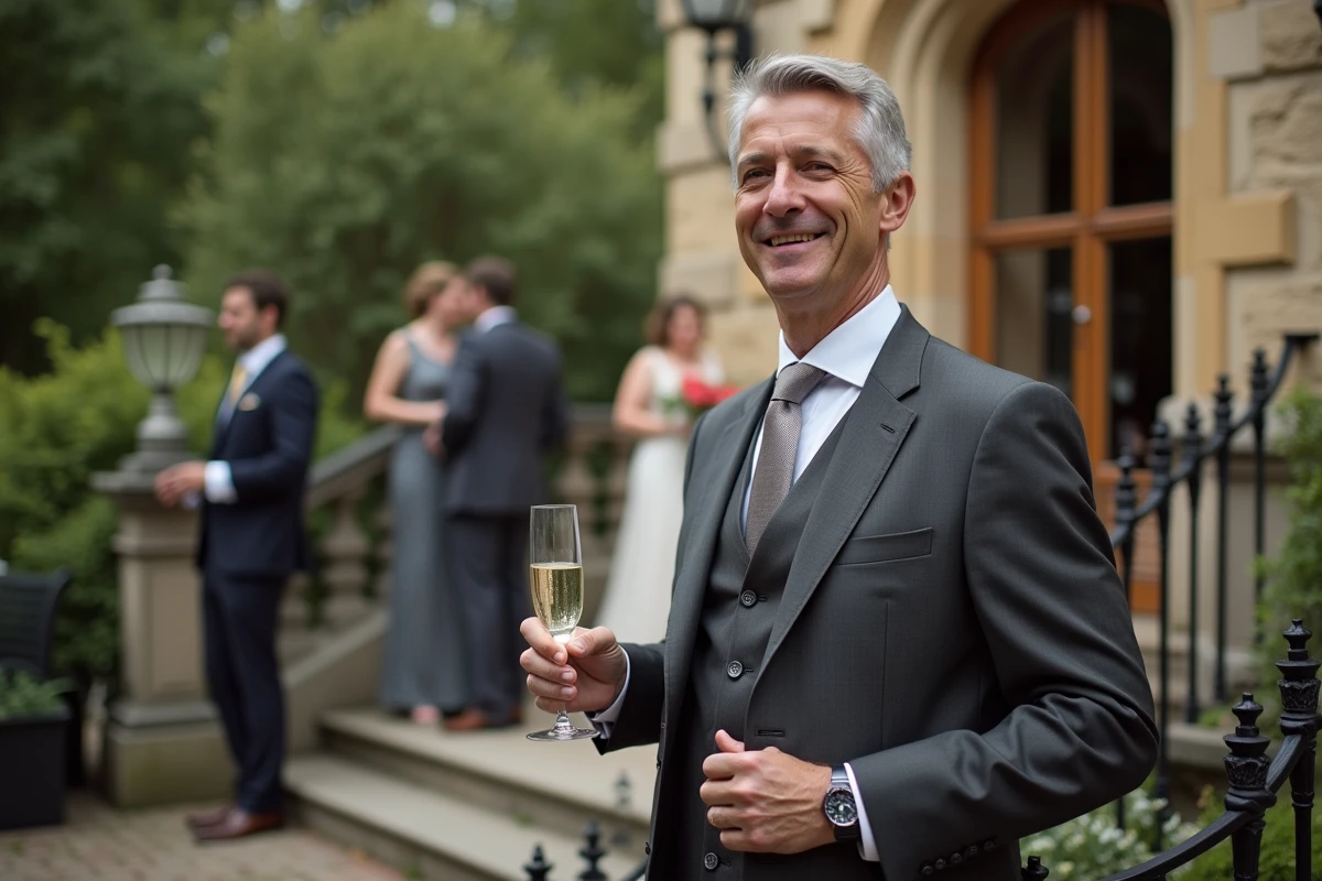 Homme en costume gris lors du cocktail extérieur d'un mariage, style photo éditoriale journalistique