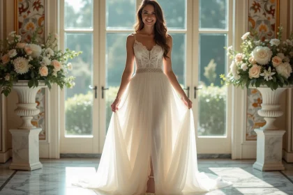 Mariée souriante en robe de mariage et chaussures dorées