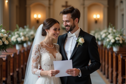 Jeune couple de mariés souriants dans une salle élégante