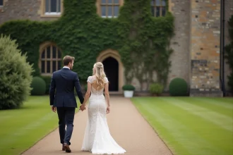Jeune couple de mariés devant le château de Berkeley