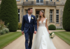 Jeune couple marié devant un château français élégant