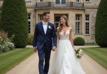 Château de 4 mariages pour une lune de miel : où le trouver ? Jeune couple marié devant un château français élégant