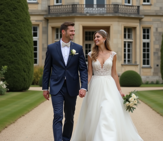 Château de 4 mariages pour une lune de miel : où le trouver ? Jeune couple marié devant un château français élégant