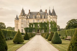 Vue panoramique d'un château des Pays de la Loire transformé en lieu de mariage, avec ses jardins à la française et son allée gravillonnée