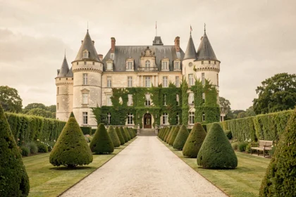 Vue panoramique d'un château des Pays de la Loire transformé en lieu de mariage, avec ses jardins à la française et son allée gravillonnée