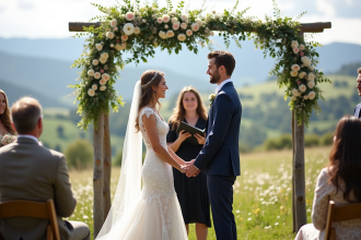 Jeune couple échangeant leurs vœux en extérieur lors d'un mariage