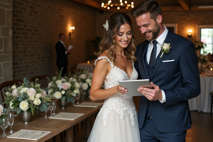 Jeune couple choisissant des chansons pour leur mariage