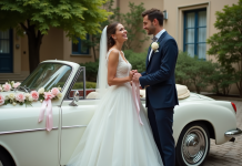 Décoration voiture mariage : idées originales et inspirantes pour votre jour J Jeune couple marié devant une voiture blanche décorée