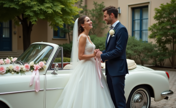 Décoration voiture mariage : idées originales et inspirantes pour votre jour J Jeune couple marié devant une voiture blanche décorée