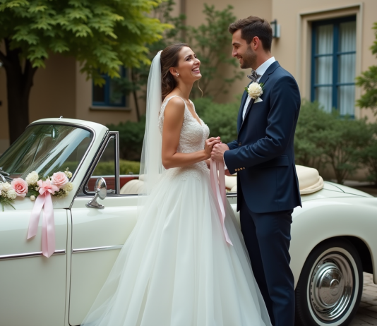 Décoration voiture mariage : idées originales et inspirantes pour votre jour J Jeune couple marié devant une voiture blanche décorée