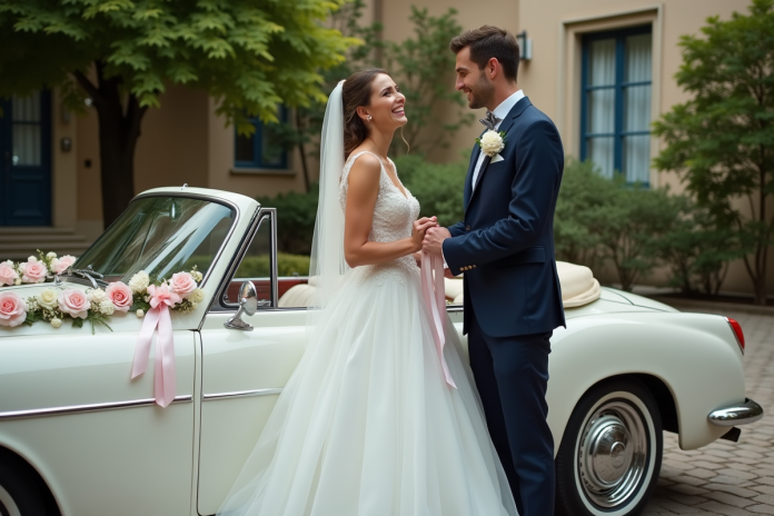 mariage-couple-voiture-blanche Jeune couple marié devant une voiture blanche décorée