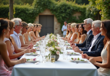 Groupe d invités de mariage en extérieur dans un jardin