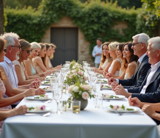 Invités mariage 50 personnes : comment faire le choix idéal ? Groupe d invités de mariage en extérieur dans un jardin