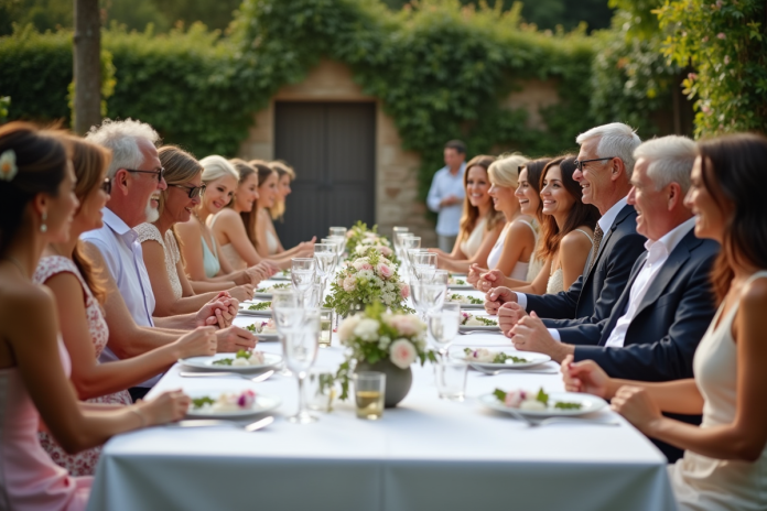 Groupe d invités de mariage en extérieur dans un jardin