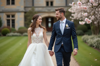 Jeune couple de mariés dans un jardin romantique