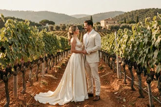 Mariés élégants dans un vignoble de Provence dans le Var, robe en soie ivoire et costume lin crème entre les rangées de vignes