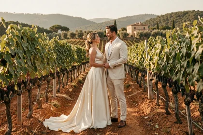 Mariés élégants dans un vignoble de Provence dans le Var, robe en soie ivoire et costume lin crème entre les rangées de vignes