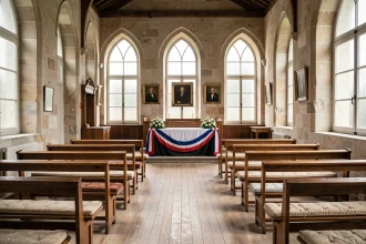 Salle de mariage dans une mairie française élégante avec bancs en bois et table cérémonielle ornée d'une écharpe tricolore