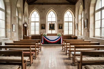 Salle de mariage dans une mairie française élégante avec bancs en bois et table cérémonielle ornée d'une écharpe tricolore