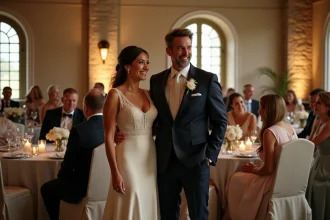 Couple élégant lors d'une réception de mariage dans un manoir québécois historique, photo virale style éditorial