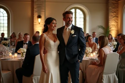 Couple élégant lors d'une réception de mariage dans un manoir québécois historique, photo virale style éditorial