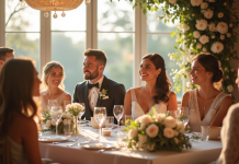 Cérémonie de mariage joyeuse avec table décorée et famille