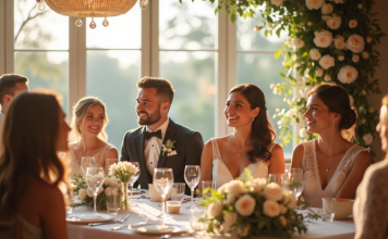 Table des mariés : Qui inviter pour votre mariage ? Cérémonie de mariage joyeuse avec table décorée et famille