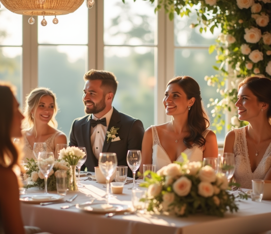 Cérémonie de mariage joyeuse avec table décorée et famille