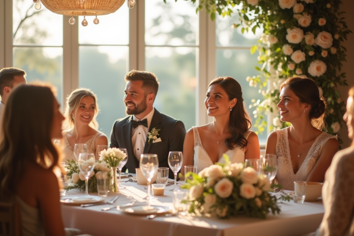 Cérémonie de mariage joyeuse avec table décorée et famille