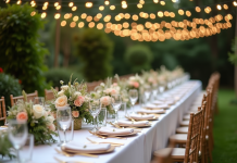 Réception de mariage en plein air avec table décorée