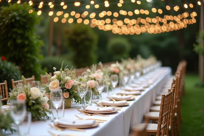 Réception de mariage en plein air avec table décorée