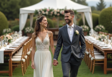 Location mariage : quels équipements louer pour une cérémonie réussie ? Jeune couple marié lors d'une réception en plein air