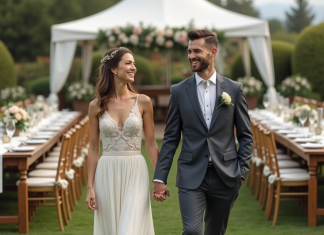 Location mariage : quels équipements louer pour une cérémonie réussie ? Jeune couple marié lors d'une réception en plein air