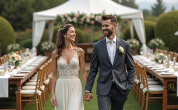 Jeune couple marié lors d'une réception en plein air