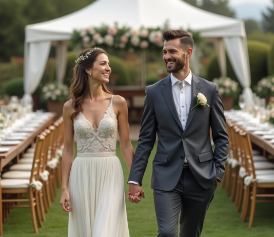 Location mariage : quels équipements louer pour une cérémonie réussie ? Jeune couple marié lors d'une réception en plein air
