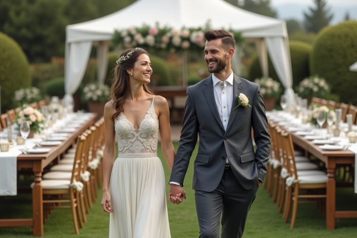 mariage-reception-outdoor Jeune couple marié lors d'une réception en plein air