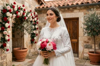 Mariée albanaise en robe traditionnelle brodée d'argent dans une cour en pierre ornée de guirlandes florales lors d'une cérémonie de mariage
