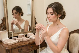 Mariée essayant un collier de perles et cristaux dans une boutique de bijoux de mariage, comparant achat et location