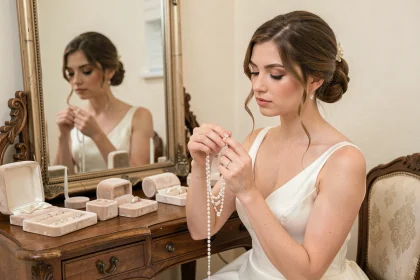 Mariée essayant un collier de perles et cristaux dans une boutique de bijoux de mariage, comparant achat et location